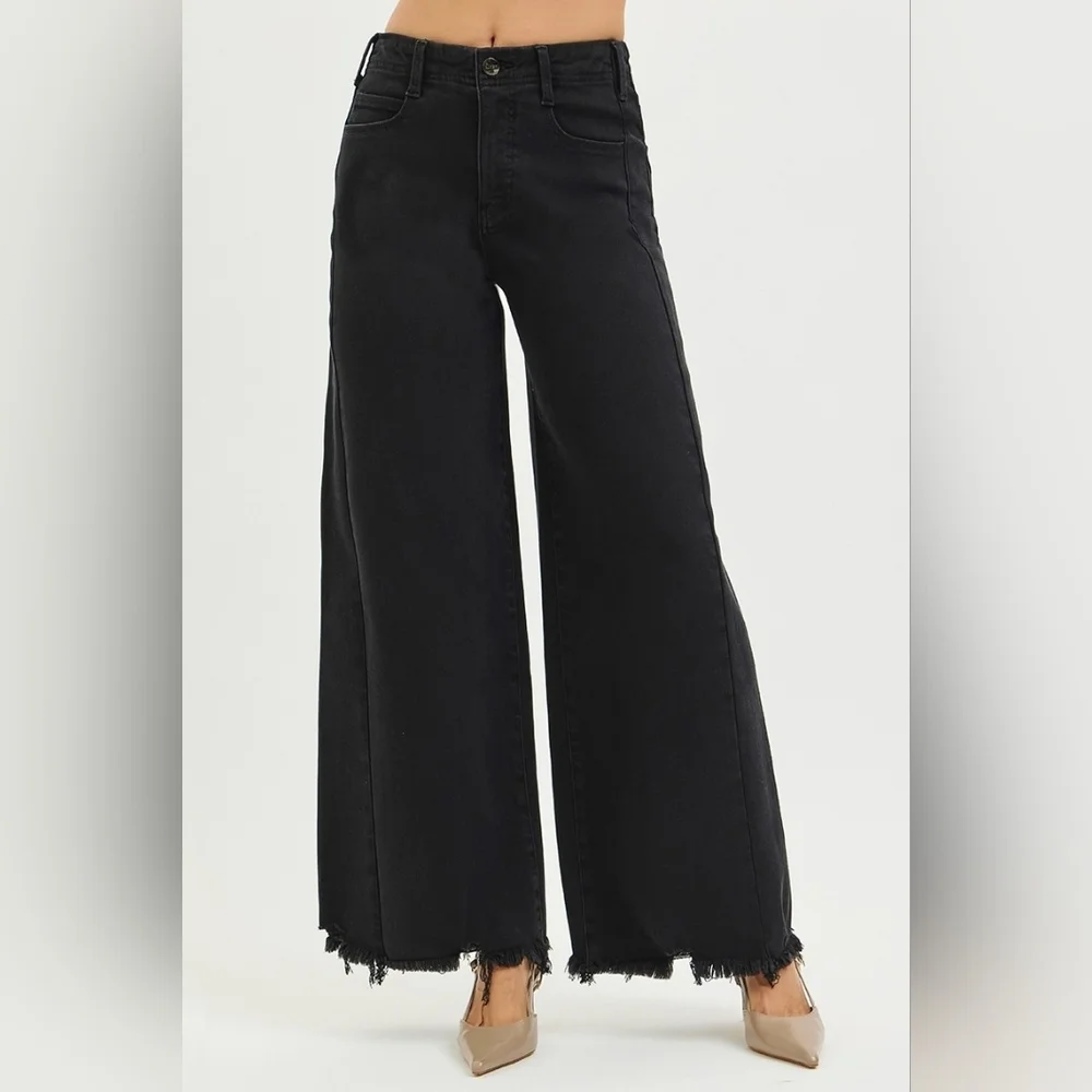 RISEN HR Tummy Control Black Palazzo Jeans Wide Leg Distressed Hems Various NEW - Picture 4 of 13